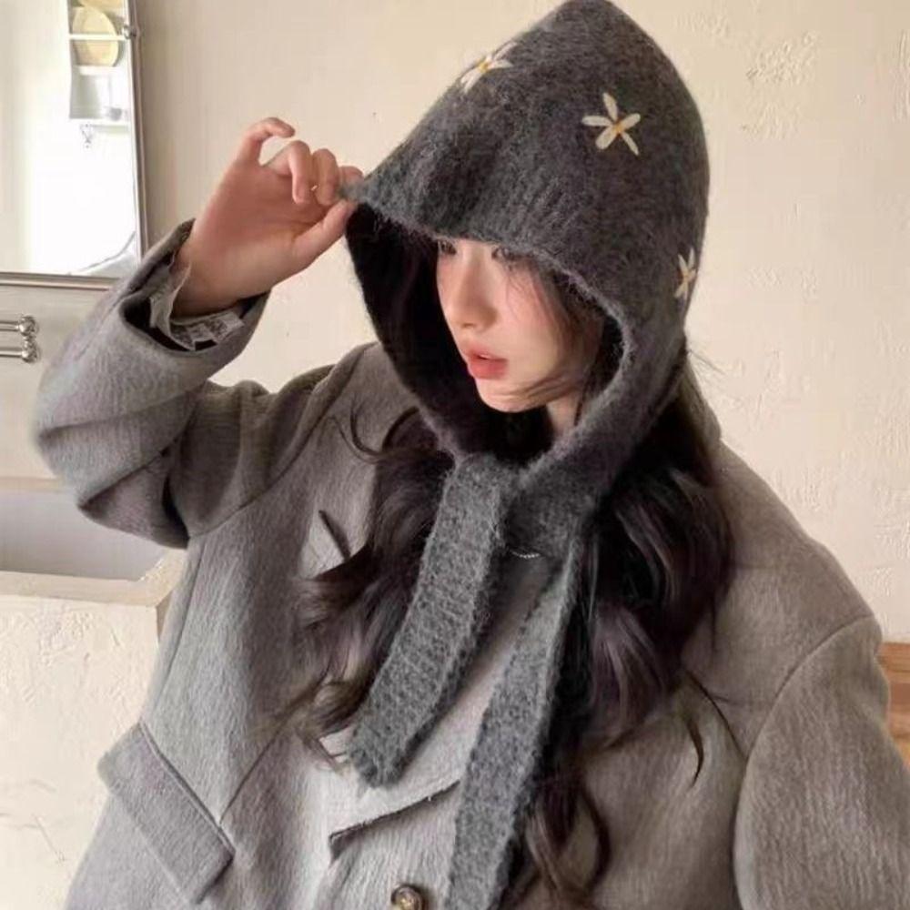 Woolen Fabric Embroidered Flowers Hat Solid Color Warm Neck Collar Winter Season