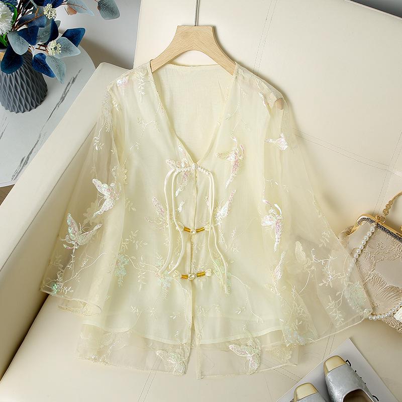 Summer 2026 Women s Lightweight Retro Embroidered Jacket with Frog Buttons Medium бежевый
