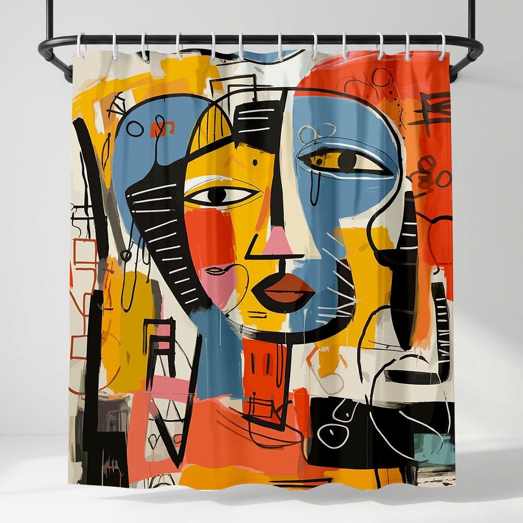 

Abstract Face Art Shower Curtain, Modern Mid Century Colorful Graffiti Bathroom Decor, Picasso Style Fabric Bathroom Curtain W60H190(CM)-1 Pcs