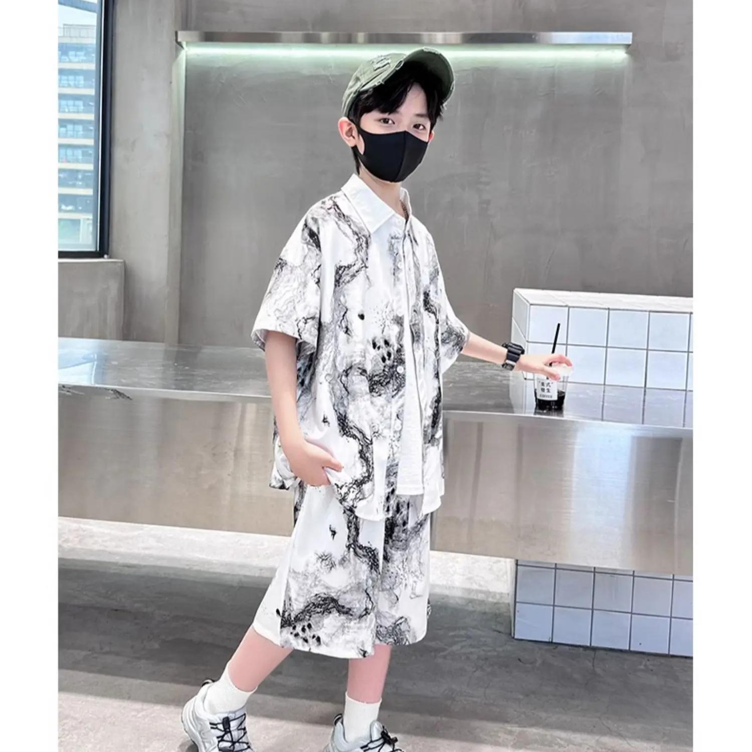 

Summer Boys Suit Child Set Cloth Ink Painting Short-Sleeved Loose Shirt Blouse + Short Pants Teenager Kids 4-12 Year 170 білий