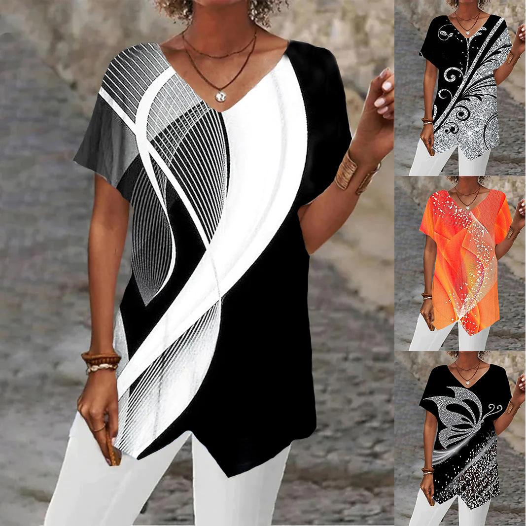 

Летние женские модные рубашки с геометрическим принтом, свободная нерегулярная футболка с короткими рукавами