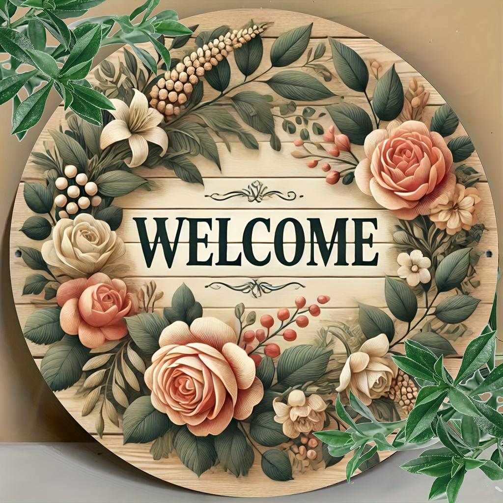 Aluminum Welcome Sign Pack inch Round Floral Wreath Vintage Tin Style Wall Decor for Home Garden Bar Festive