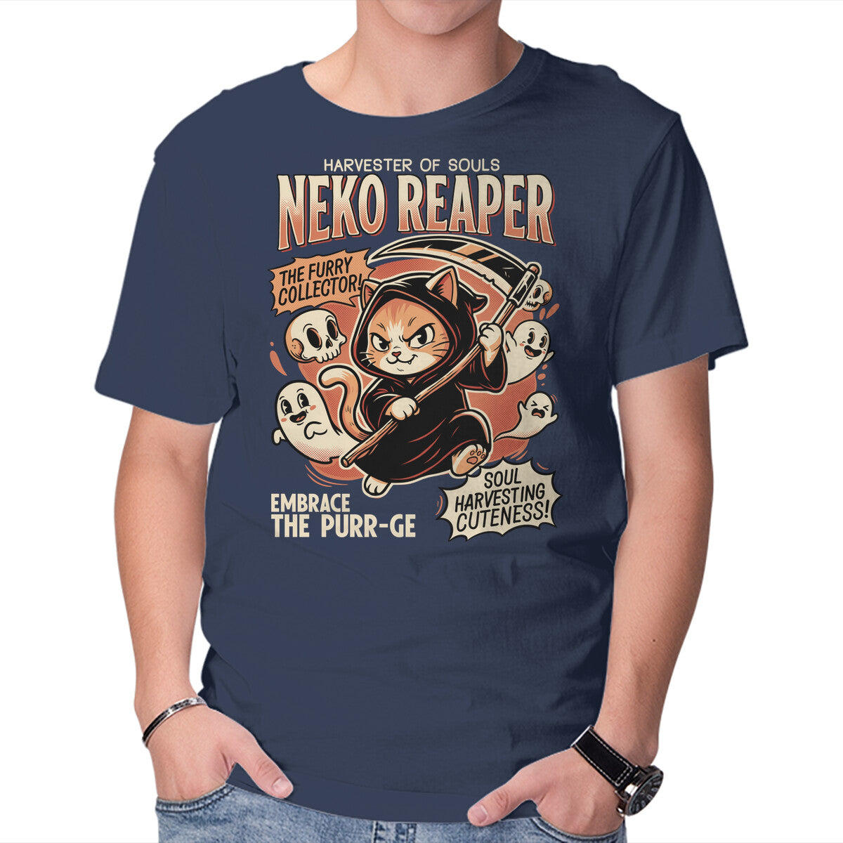 Unisex Crew Neck T-Shirt Neko Reaper Graphic Short Sleeve Casual Tee M