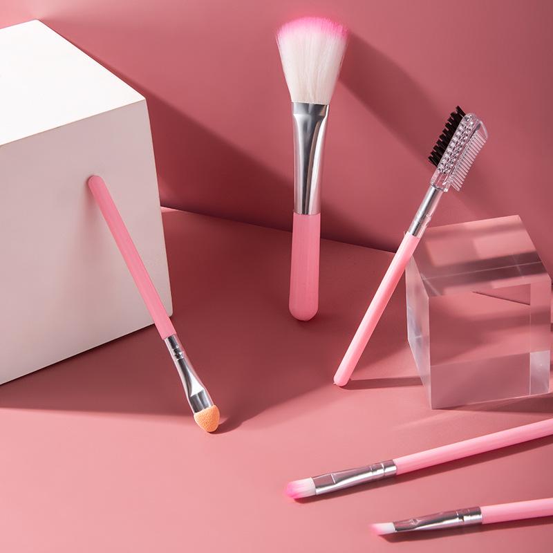 Pink 5-Piece Makeup Brush Set: Portable Brushes for Blush, Foundation, Eyeshadow, and Eyebrows