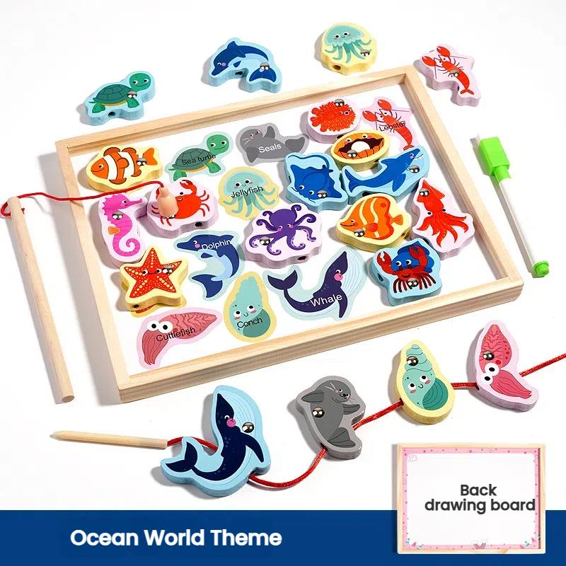 Montessori Tre Magnetisk Fiskespillsett 2 i 1 Tegnebrett Tre Perlespill Barn Finmotorikk Pedagogisk Puslespill Leker