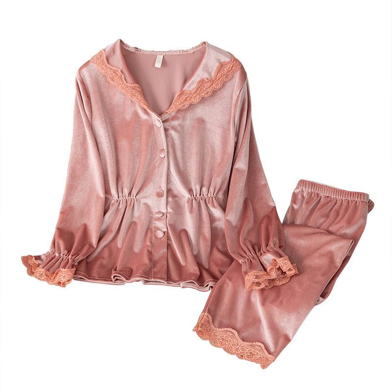 Autumn Winter Trouser Pijamas Suit Loose Homewear New Female 2PCS Pajamas Set Velvet Sleepwear Sweet Pink Lace Trim Nightwear