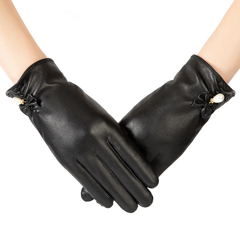 PU Leather Gloves for Women's Autumn and Winter Korean Version with Velvet Warm Windproof Waterproof Cold Riding Touch Screen
