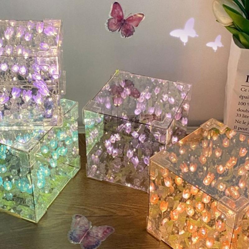 Handcrafts Tulips Night Light Set Home Decoration DIY Kits Handmade Flower Cube Lamp Desktop Ornament Table Night Lamp