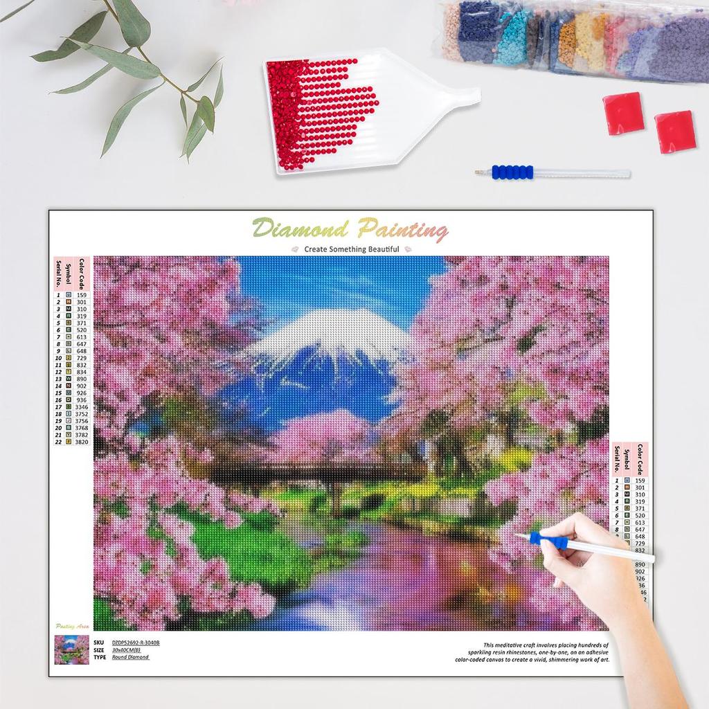 Full Round Diamond Painting 5D Landscape Cherry Blossoms Diamond Art Embroidery Mountain Home Decoration 30x40cm/12x16inch