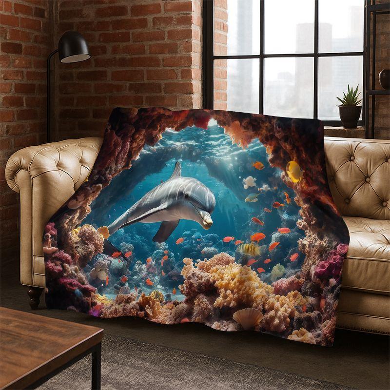 3D Illusion Underwater World Marine Life Shark Dolphin Cartoon Flannel Blanket Throw Blanket for Bedroom Living Room Bed Travel