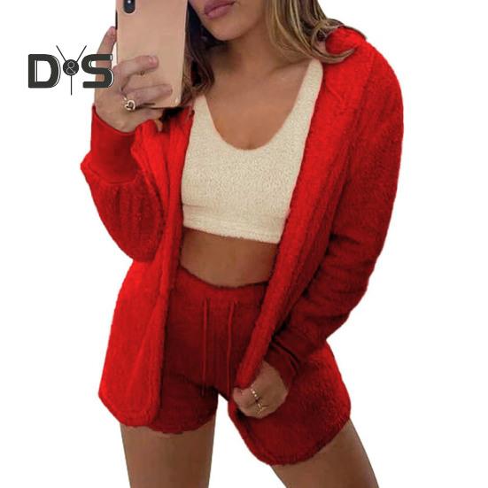 

Комплект из 3 предметов: осенне-зимнее женское пальто, жилет, шорты, комплект из плотной плюшевой домашней одежды, одежда для сна, с капюшоном, длинными рукавами, открытая строчка, теплая куртка на шнурке 3XL красный