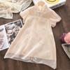 New Chinese Girls Summer Qipao Dress Heavy Embroidery Pearl Collar Puff Sleeve Kids Cheongsam Party Gown