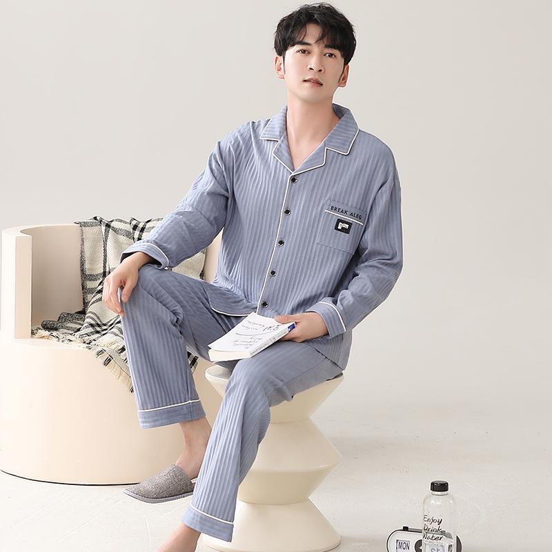 Pajamas Men'S Spring And Autumn Cotton Long Sleeve Autumn Cotton Cardigan Casual Suit Autumn Loungewear