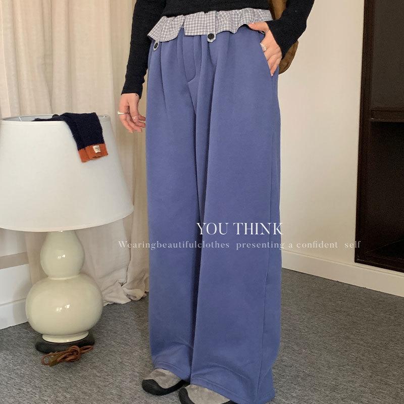 Thirteen Lines Women s Winter Plaid Lace Korean Style Velvet Sweatpants One Size синий