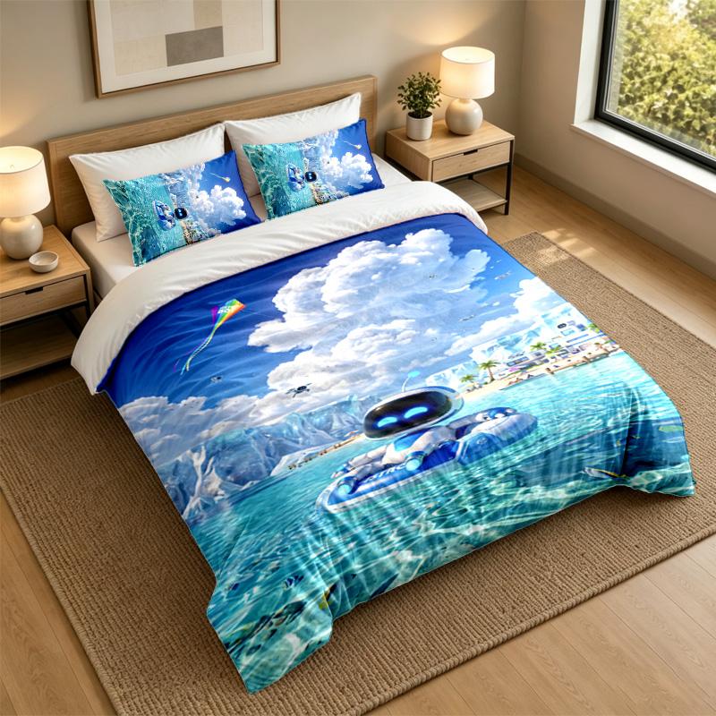 Soft Bedding Set Astro Bot Pattern, 1 Duvet Cover Plus 2 Pillowcases Stylish Bedroom Home Textile
