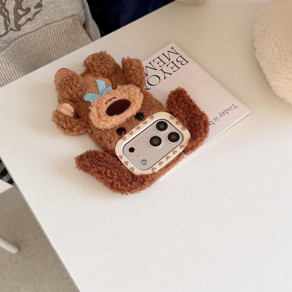 Applicable to Apple 17promax mobile phone case, autumn and winter new 16pro cartoon plush brown teddy dog iPhone15 protective case, cute women's 14