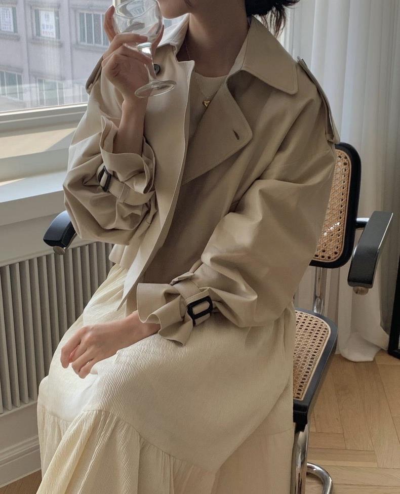 Korean Chic Autumn French Retro Suit Collar Two Buttons Loose Casual Long-sleeved Short Trench Coat Women