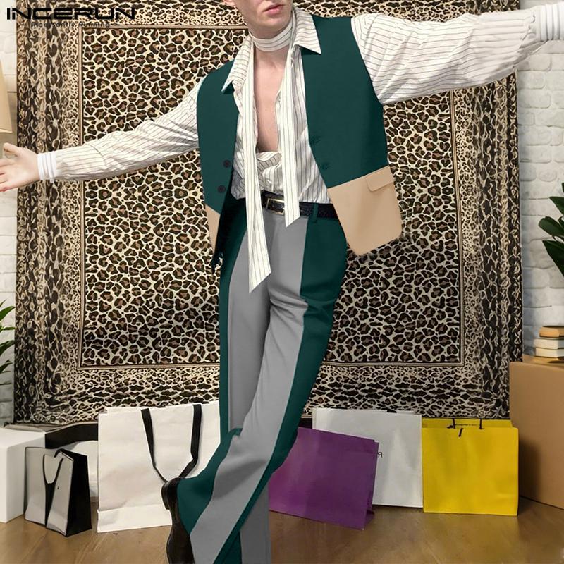 INCERUN Two Pieces Men Sleeveless Patchwork Waistcoat and Long Straight Pants Sets