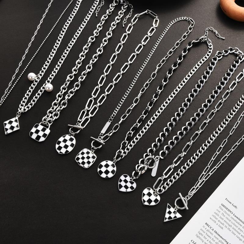 Heart Trendy Shape Titanium Steel Necklace Featuring Stylish Black And White Checkerboard Design