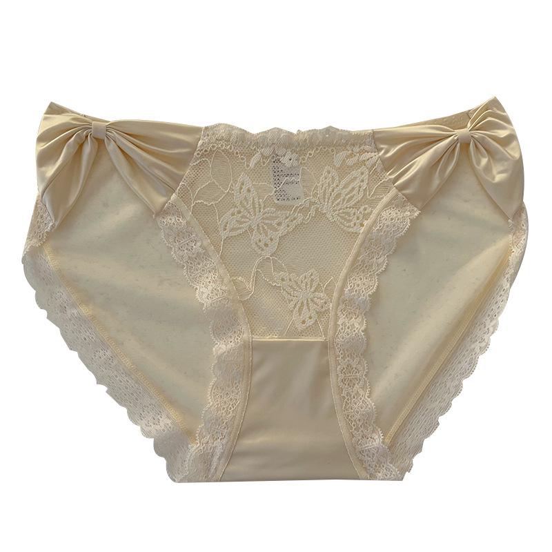French Lace Trim Mid-Waist Women's Panties - Comfortable Bow Design, Translucent Triangle Style