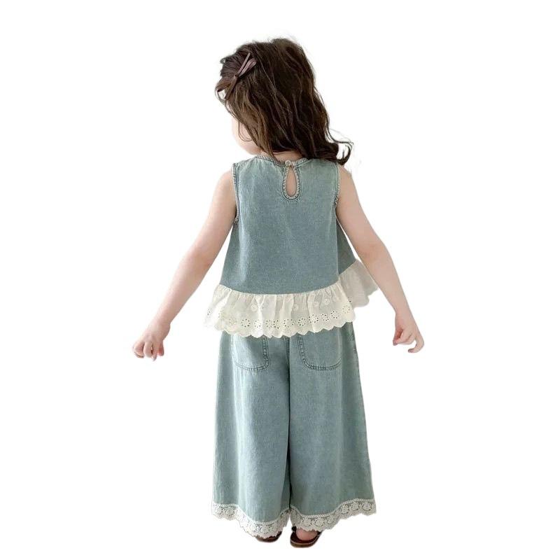 Girls Summer Denim 2 Piece Set Sleeveless Top With Stylish Wide Leg Pants Thin Baby Outfit