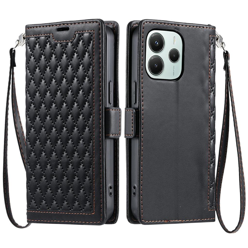 For Xiaomi Redmi Note 14 5G Leather Case Rhombus Texture Wallet Stand Phone Cover with Wrist Strap