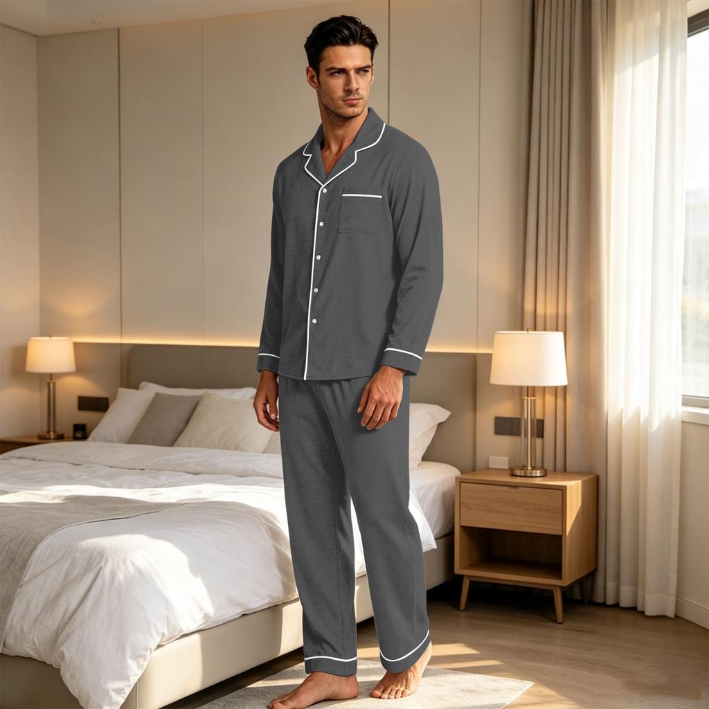 Herren Casual Farb-Pyjama-Set mit durchgeknöpftem Hemd und gerader Hose - Zweiteilige bequeme Nachtwäsche