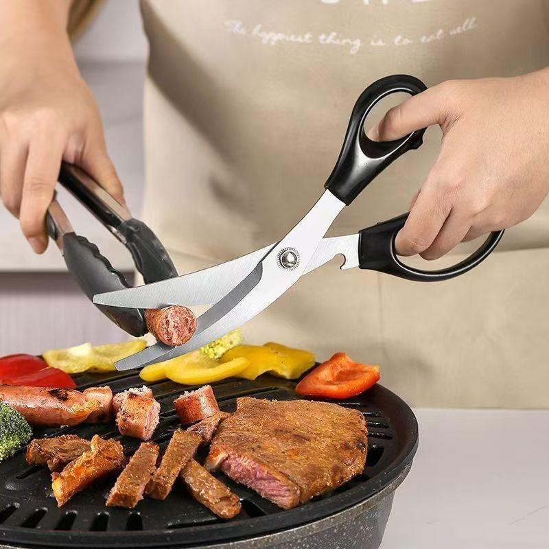 Thickened Food-grade Stainless Steel Curved-edge Barbecue Shears, Multi-functional Kitchen Scissors, Household Food Processing Scissors
