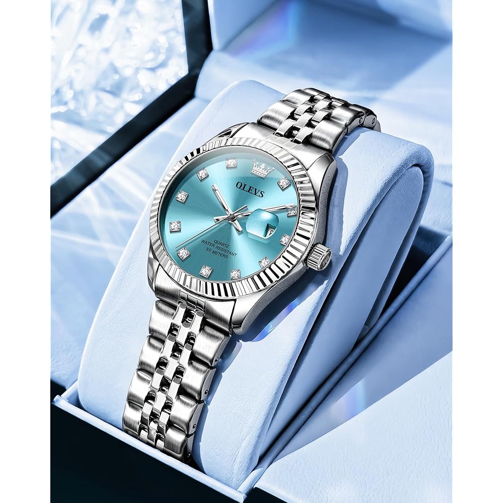 OLEVS Women's Fashion Dress Watch Analog Quartz Waterproof Stainless Steel Two-Tone Silver Strap Blue Dial