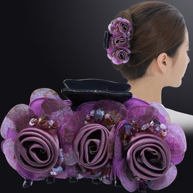 Non-slip Crossing Teeth Women Hair Claw Flower Beads Decor Bow Bath Hair Claw Styling Tool