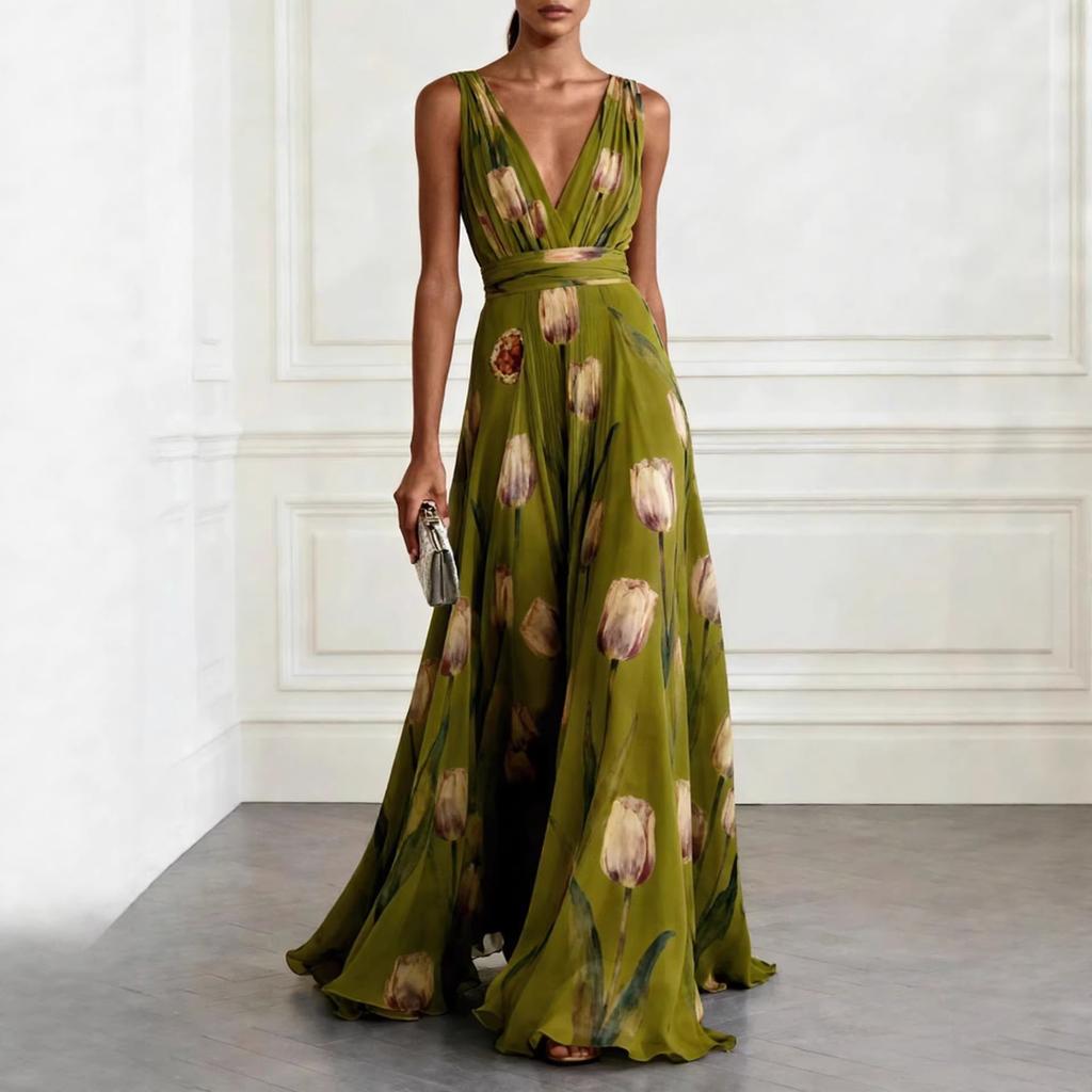 Women's V Neck Sleeveless Floral Maxi Dress Slim Fit High Waist Elegant Party Chiffon Dress