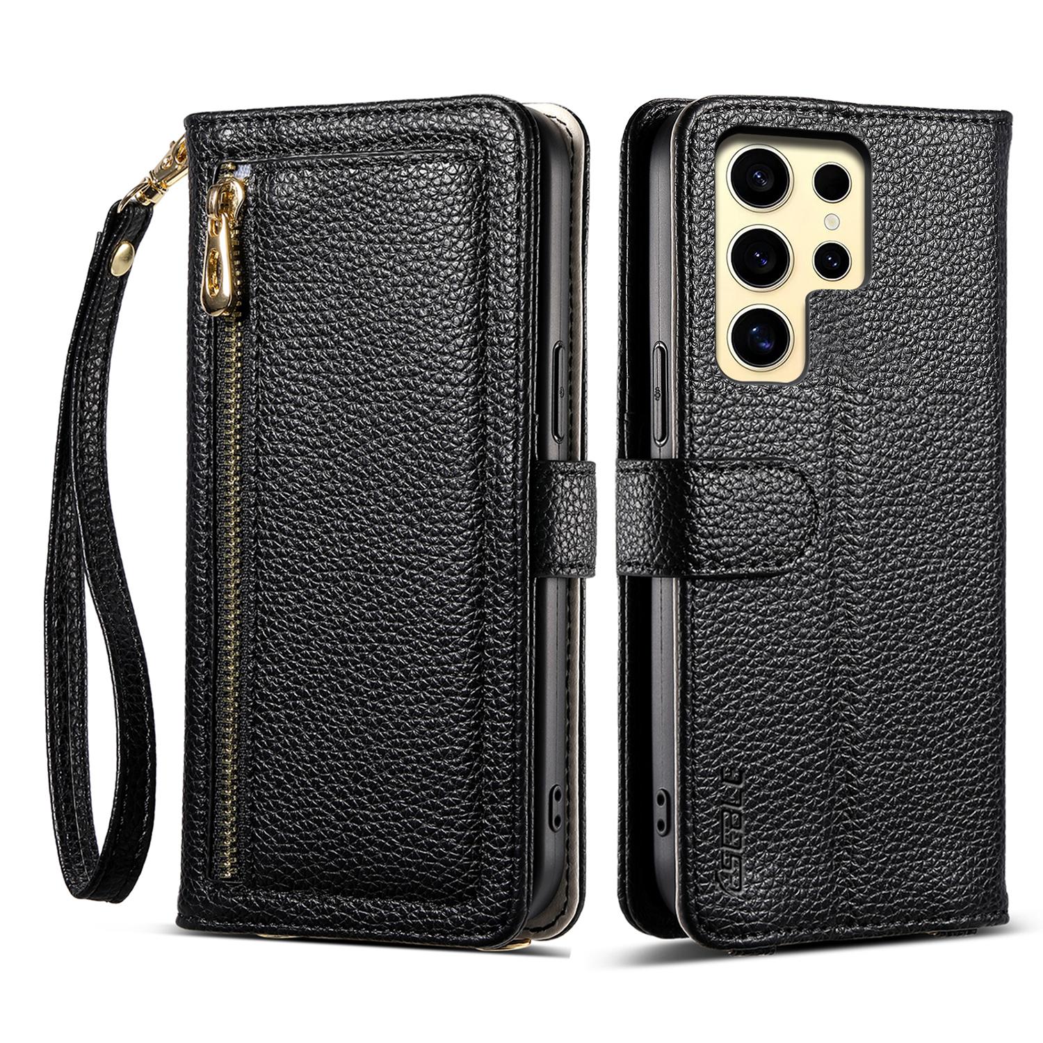

ESEBLE E11 For Samsung Galaxy S23 Ultra Case Zipper Pocket Litchi Texture Leather Phone Cover with Mirror and Wrist Strap Black