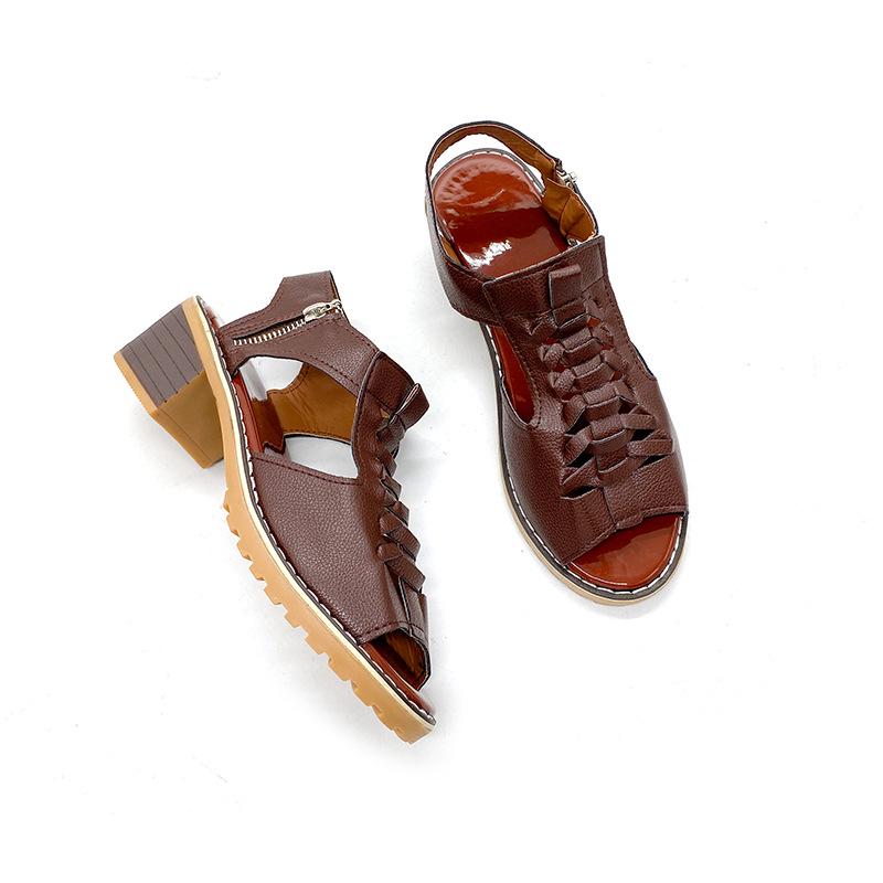 2021 Summer Women's Korean-Style Round Toe Chunky Heel Sandals with Side Zipper - Casual, Solid Color, Plus Size