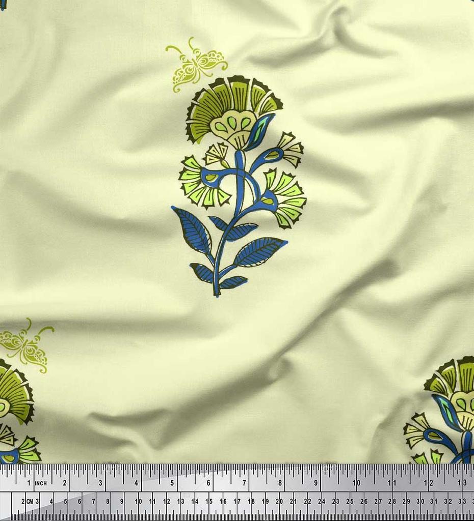 Soimoi Blue Japan Crepe Satin Fabric Insect|Leaves & Floral Block Print Fabric by Yard 42 Inch