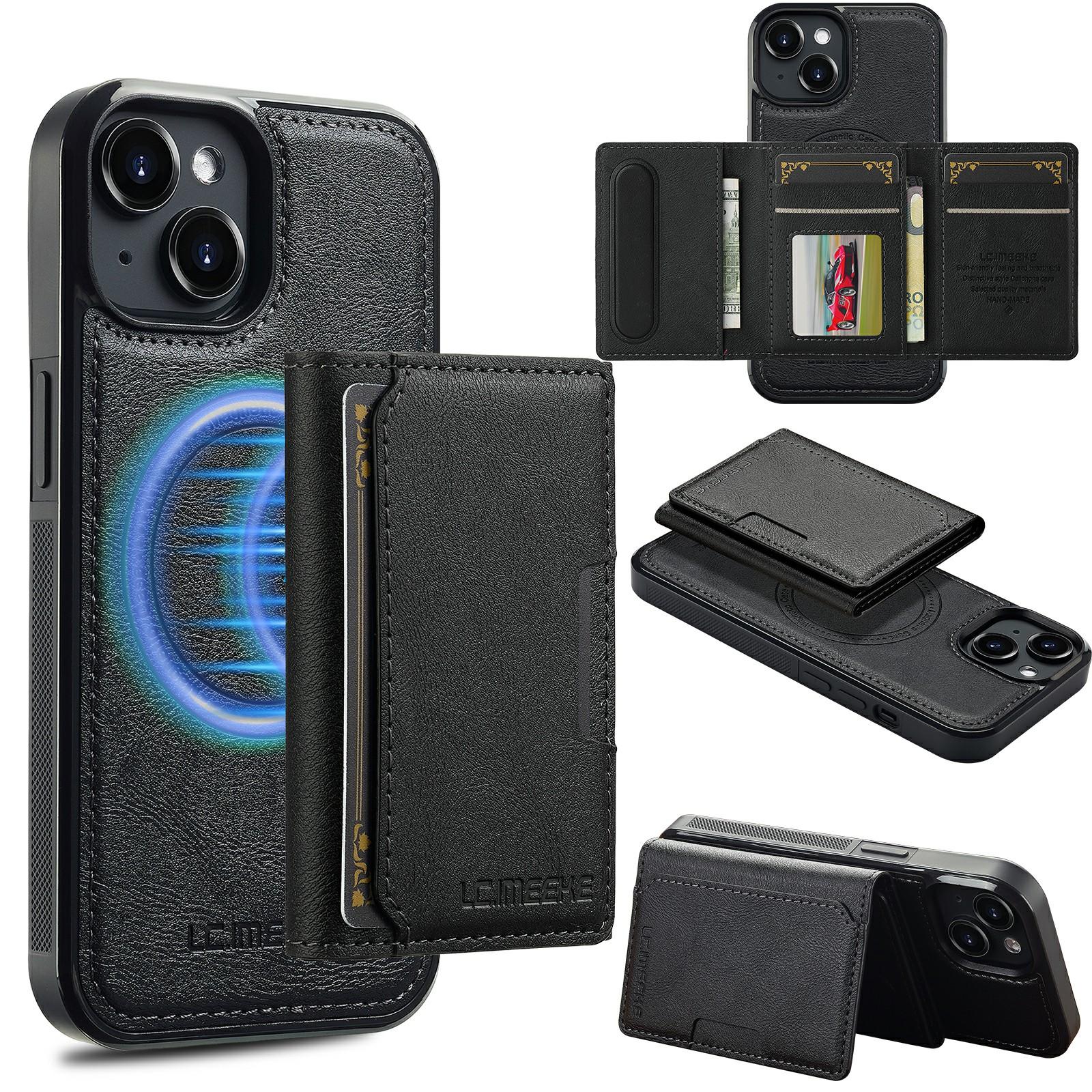 

For iPhone 15 Plus Magnetic Phone Case Leather Back Cover with Detachable Card Holder Black