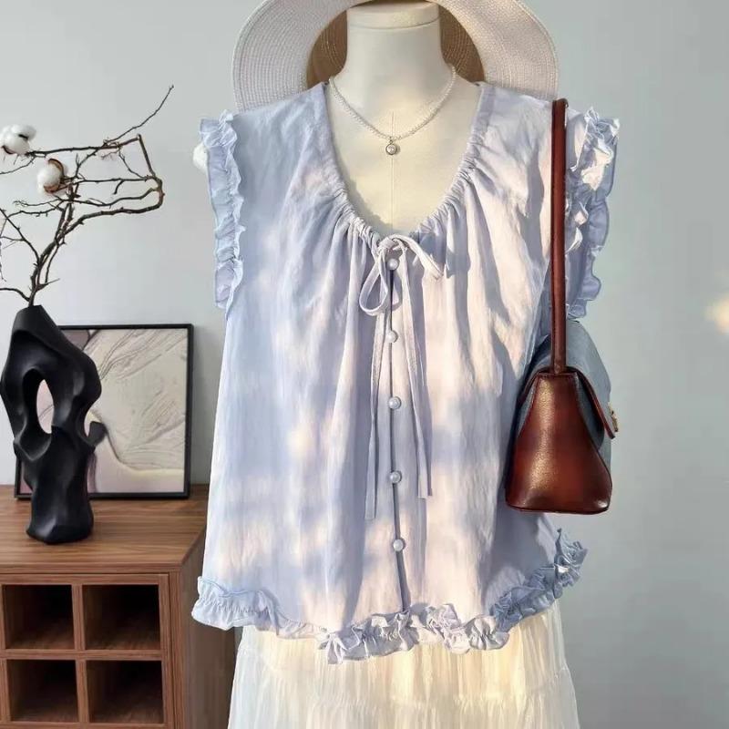 Summer Women Ruffle Trim V Neck Sleeveless White Blouse Casual Button S