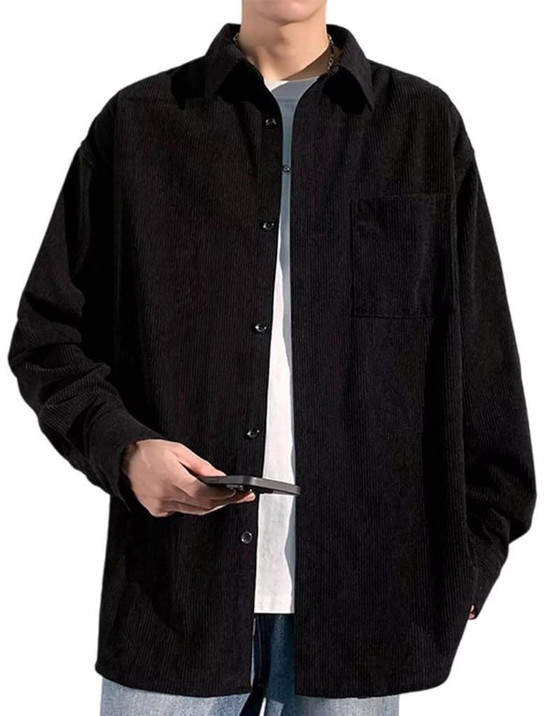 bluefeel Long Sleeve Solid Open Chest Plus Sizes Men's Shirt, Corduroy, Collar, Pocket, Skin-Friendly, Fold-Down Collar, Popular, Lightweight,