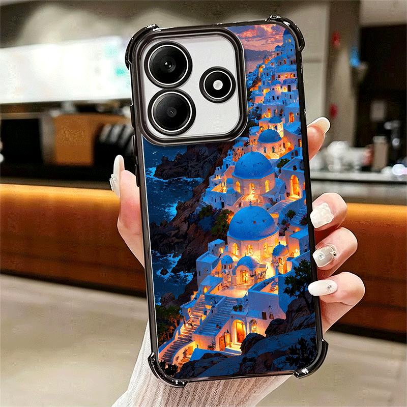 Santorini Greece Summer Plating Phone Case For Xiaomi Redmi Note 14 15 Pro Plus 13 12 11 11S 11T 10 9S 9 5G Anti-Fall Airabag Co