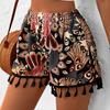 Women Peacock Feather Print Elastic Drawstring Waist Tassel Hem Loose Casual Beach Shorts