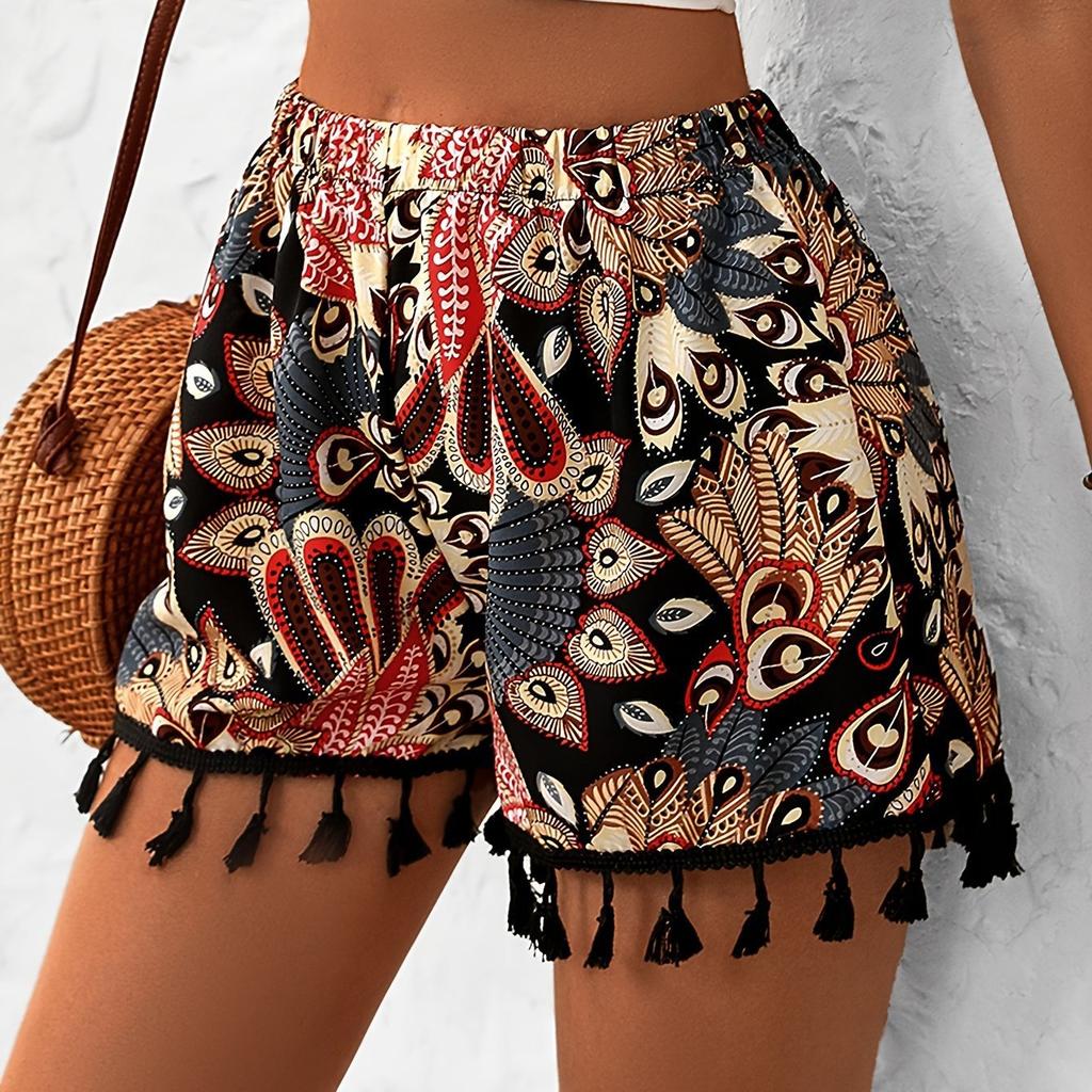 Women Peacock Feather Print Elastic Drawstring Waist Tassel Hem Loose Casual Beach Shorts