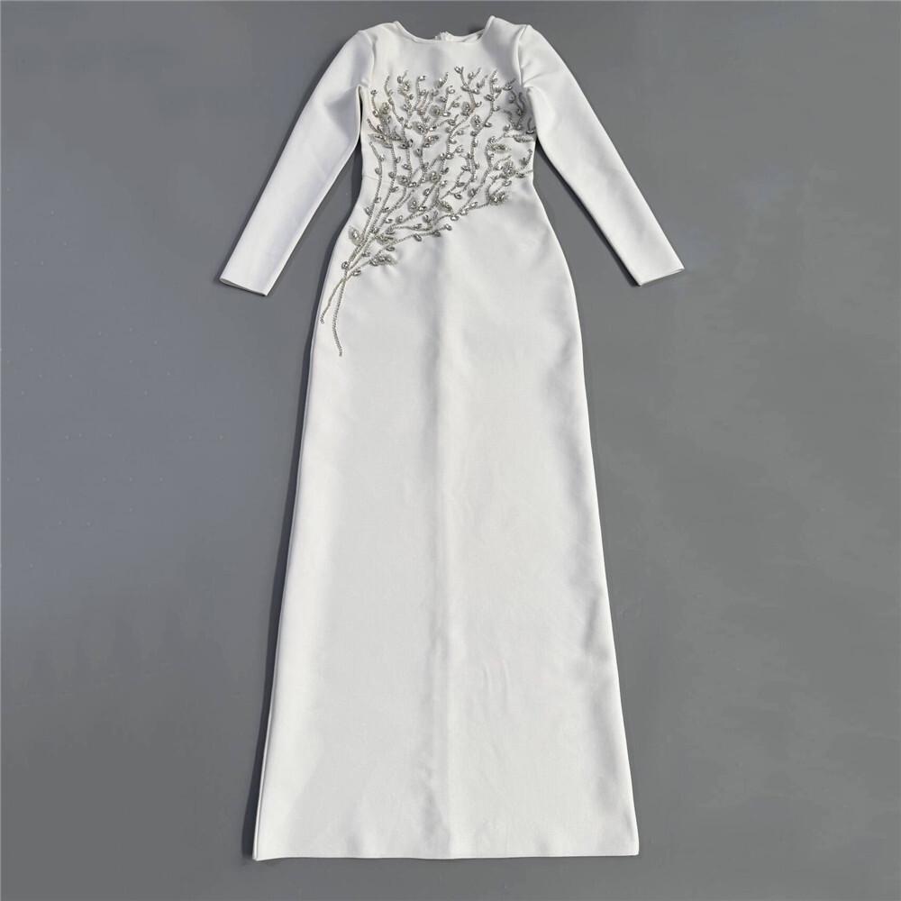 European Hand-Beaded Diamond Bodycon Long-Sleeve Banquet Bandage Dress