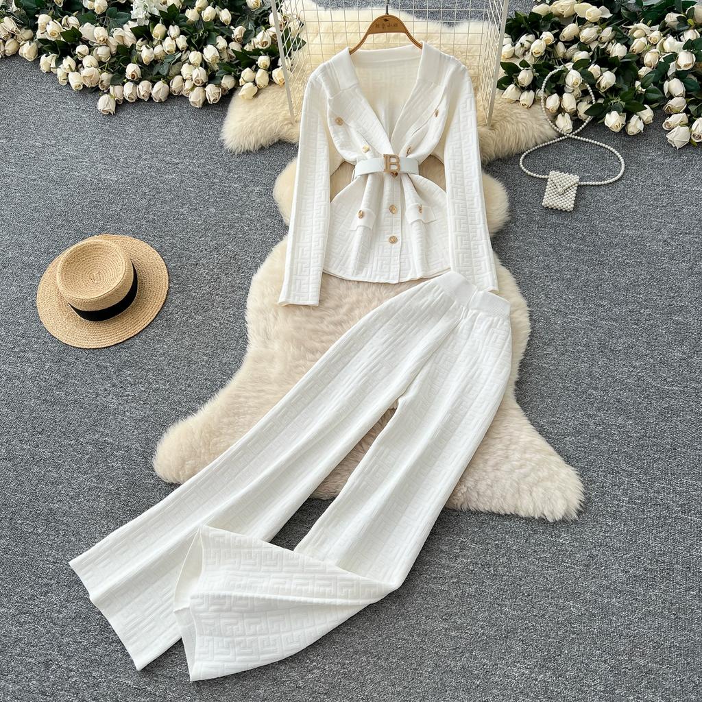 Herbst Winter Damen Vintage Designer Strickpullover Hose Zweiteiliges Set Blazerkragen Jacke Mantel und Weitbeinige Hose Trainingsanzug