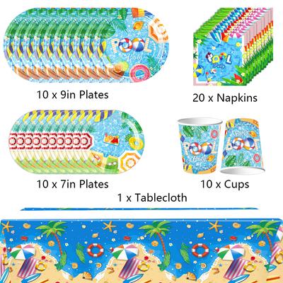 51Pcs Summer Beach Pool Party Tableware Set W/ Tablecloth, Plates, Cups, Napkins
