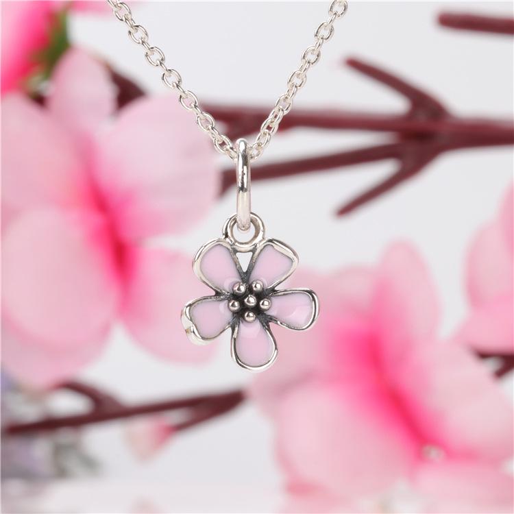 S925 Sterling Silver Pink Daisy Flower Sakura Pendant Charm Bracelet Ornament Pendant