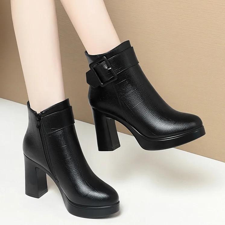 Winter Black Platform Thick High Heel Ankle Boots Women 2024Keep Warm Elegant Short Boots Buckle Decoration Leather Boot