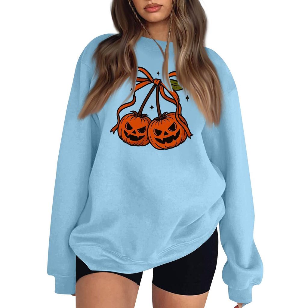 Women's Comfortable Round Neck Long Sleeve Sweatshirt Loose Fit Casual with Color and Halloween Print