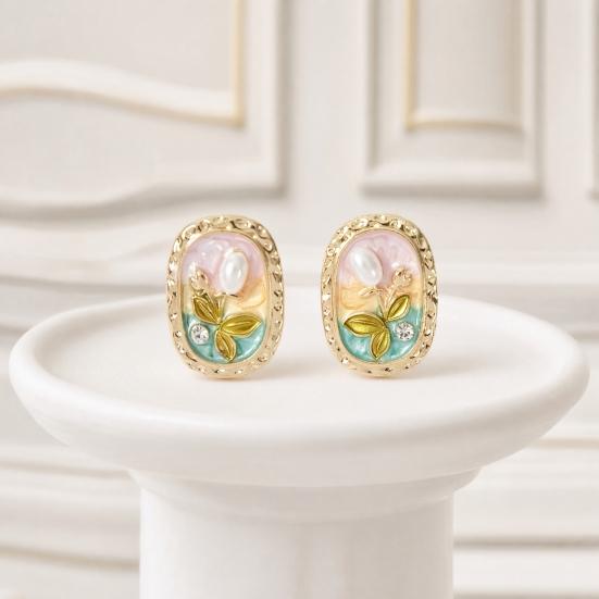 1 Par de Brincos de Tarraxa Flor Esmaltada para Mulheres, Brincos de Tarraxa Flor de Pérola Artificial Strass, Presente de Joia para Namorada Esposa Mãe Filha