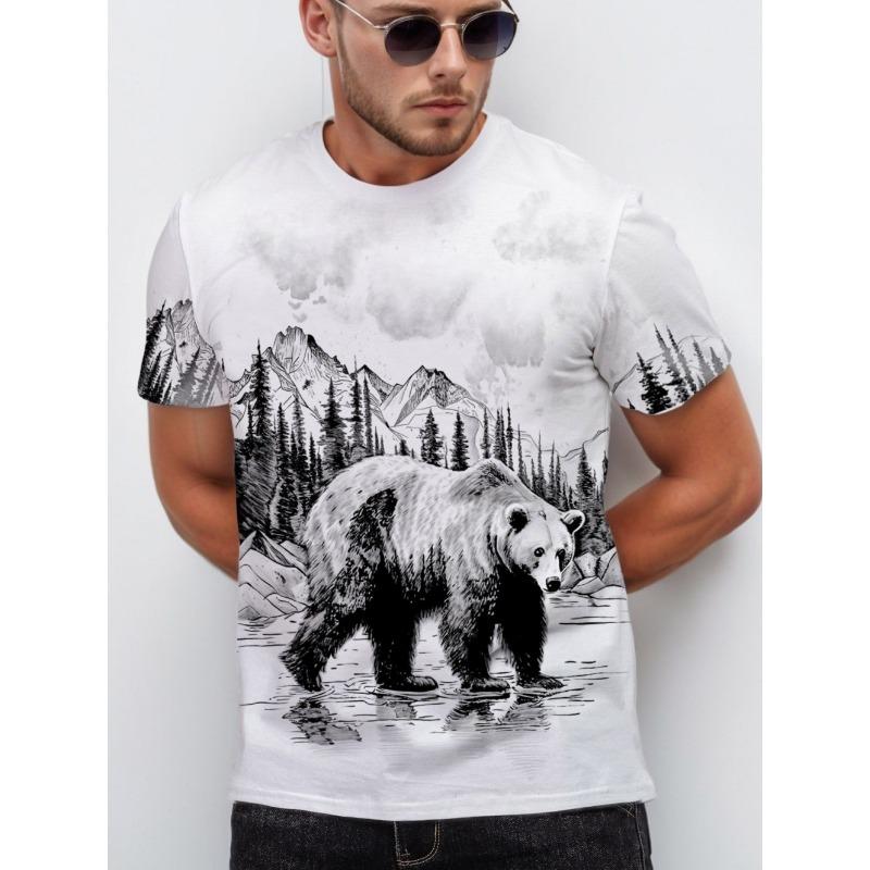 

Summer Men s Short-Sleeve T-Shirt Brown Bear Landscape Pattern Print Lightweight Durable Hiking Casual Attire Casual Man Clothes 5XL