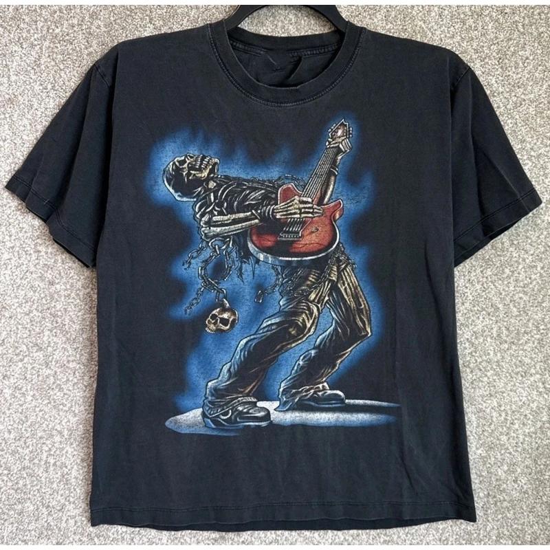 Vintage Y2K Skeleton Guitar T Shirt Double Sided Rock S разноцветный
