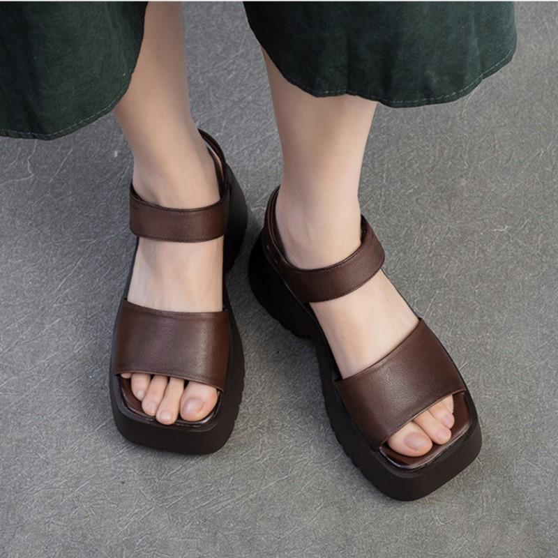 Johnature Retro Sandály s otevřenou špičkou a čtvercovou špičkou na silné podrážce, z pravé kůže, pohodlné dámské platformové boty